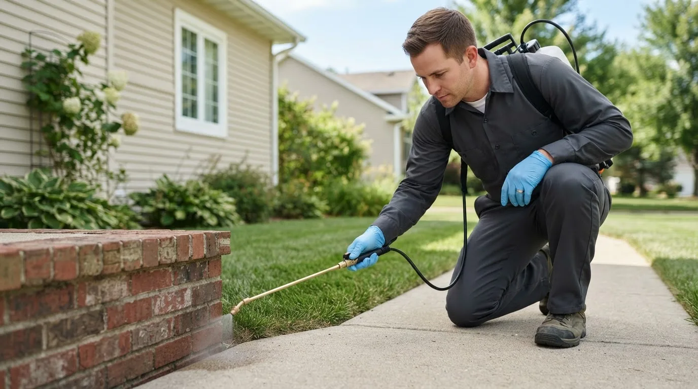 Pest control technician treating a home near Oketo, KS