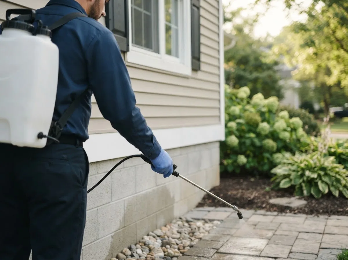 Pest control technician inspecting a home in Oketo, KS
